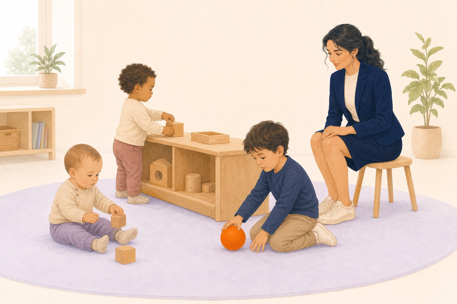 Un bébé et deux enfants d'âges différents jouent dans un même espace sous le regard d'une professionnelle.