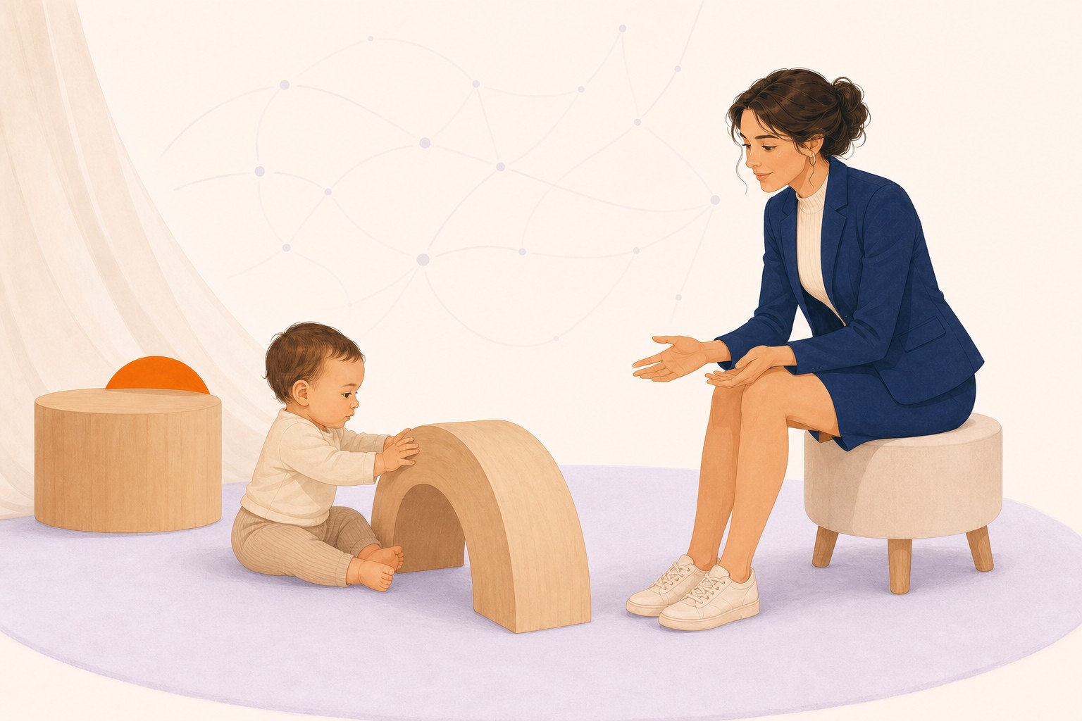 Un bébé manipule une arche en bois sous le regard attentif d'une professionnelle.