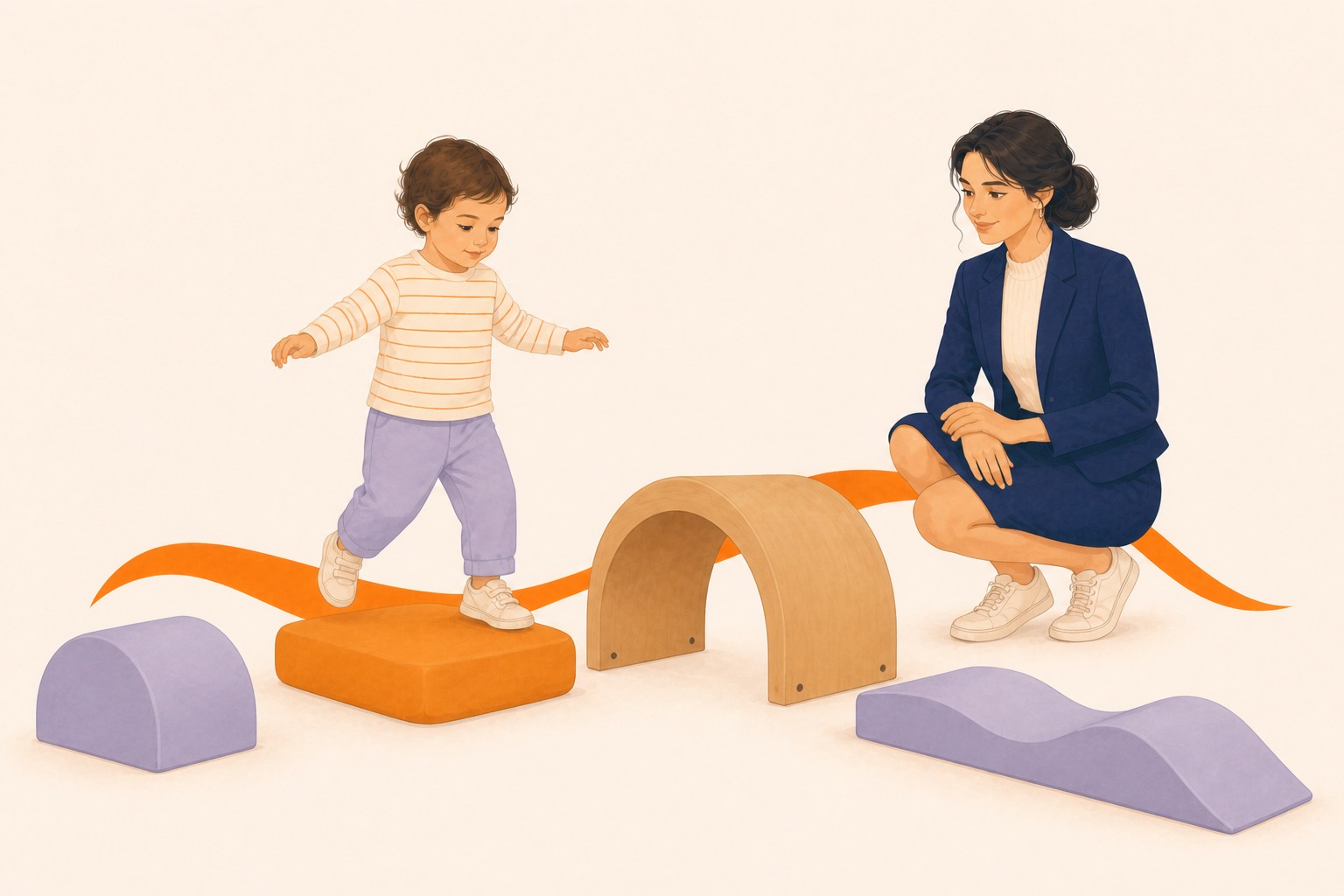 Un enfant traverse un parcours moteur bas pendant qu'une professionnelle l'observe.