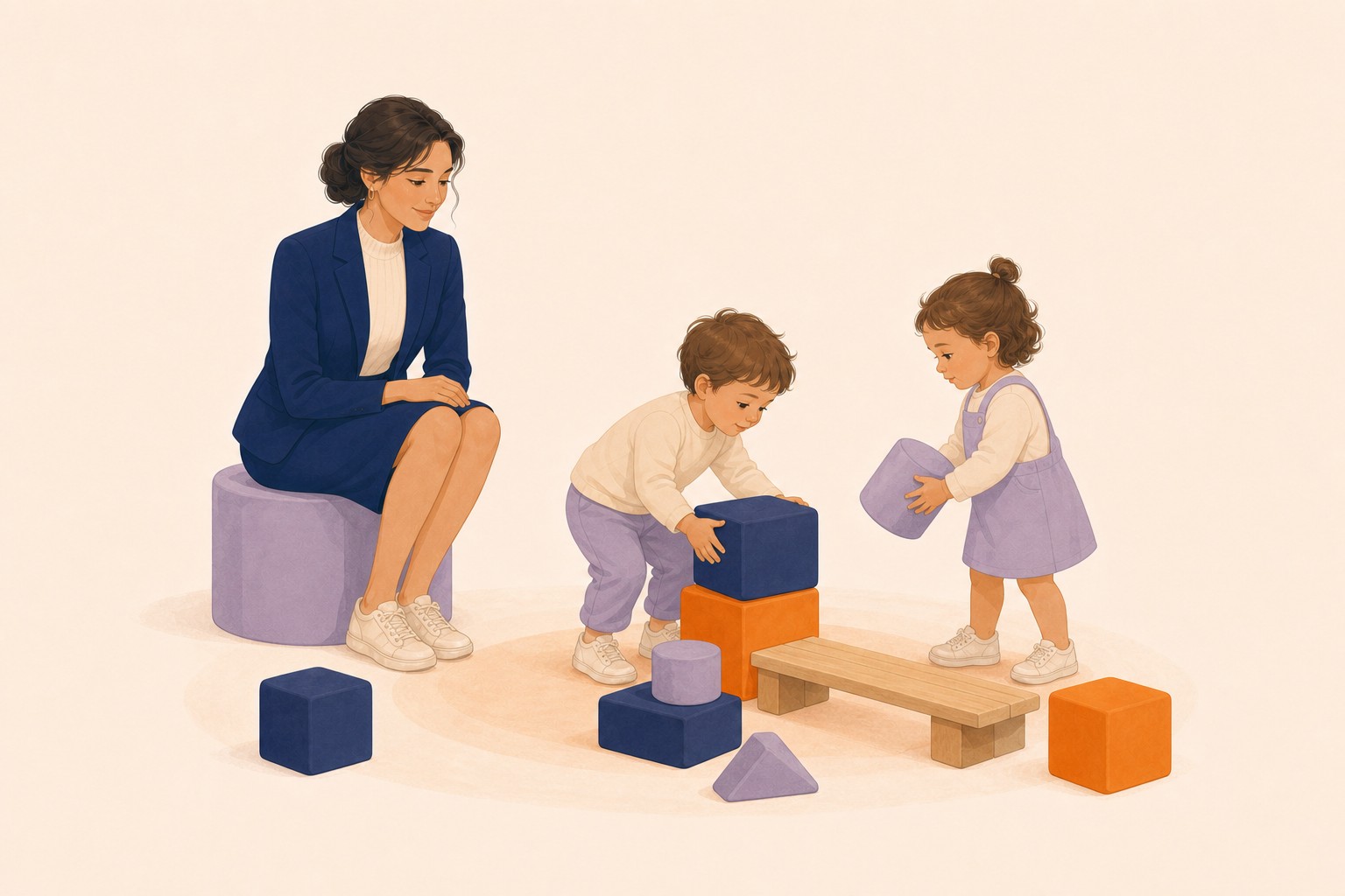 Deux enfants réorganisent des blocs tandis qu'une professionnelle les accompagne à distance.