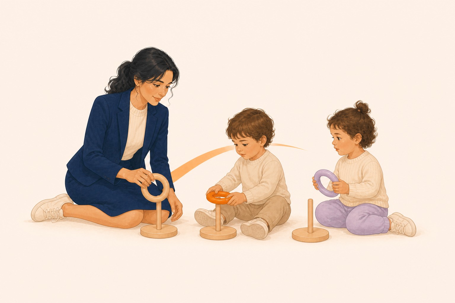 Deux enfants imitent une manipulation d'anneaux présentée par une professionnelle.