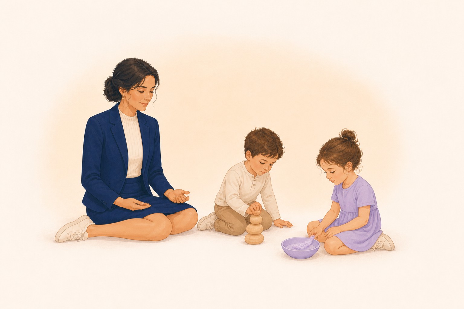 Deux enfants jouent calmement avec des objets simples près d'une professionnelle attentive.