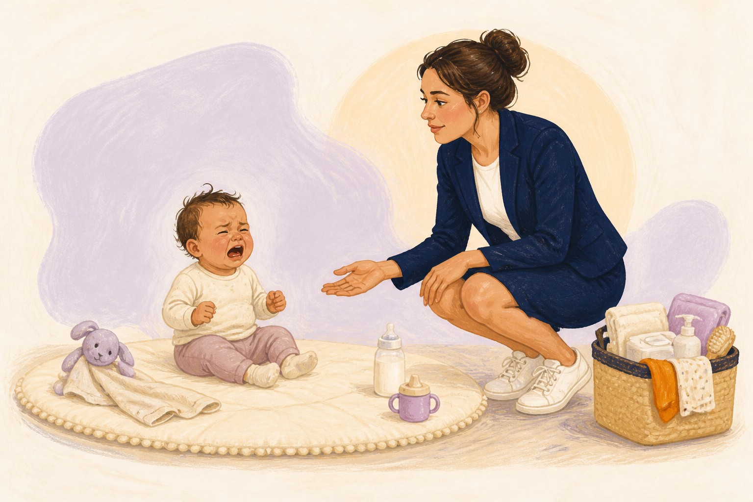 Une professionnelle reste disponible à distance auprès d'un bébé qui pleure sur un tapis.