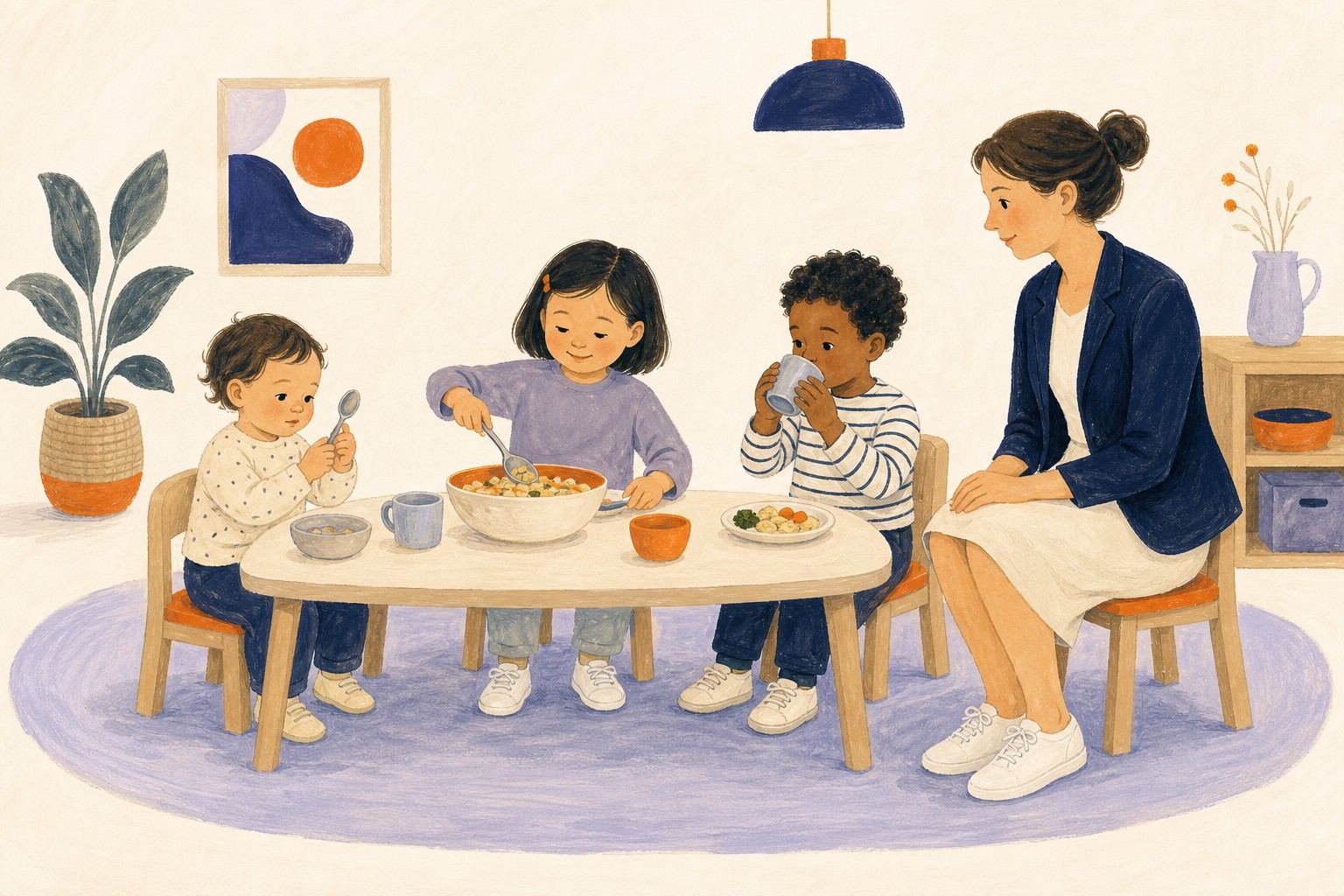 Trois enfants prennent leur repas autour d'une table avec une professionnelle présente à distance.
