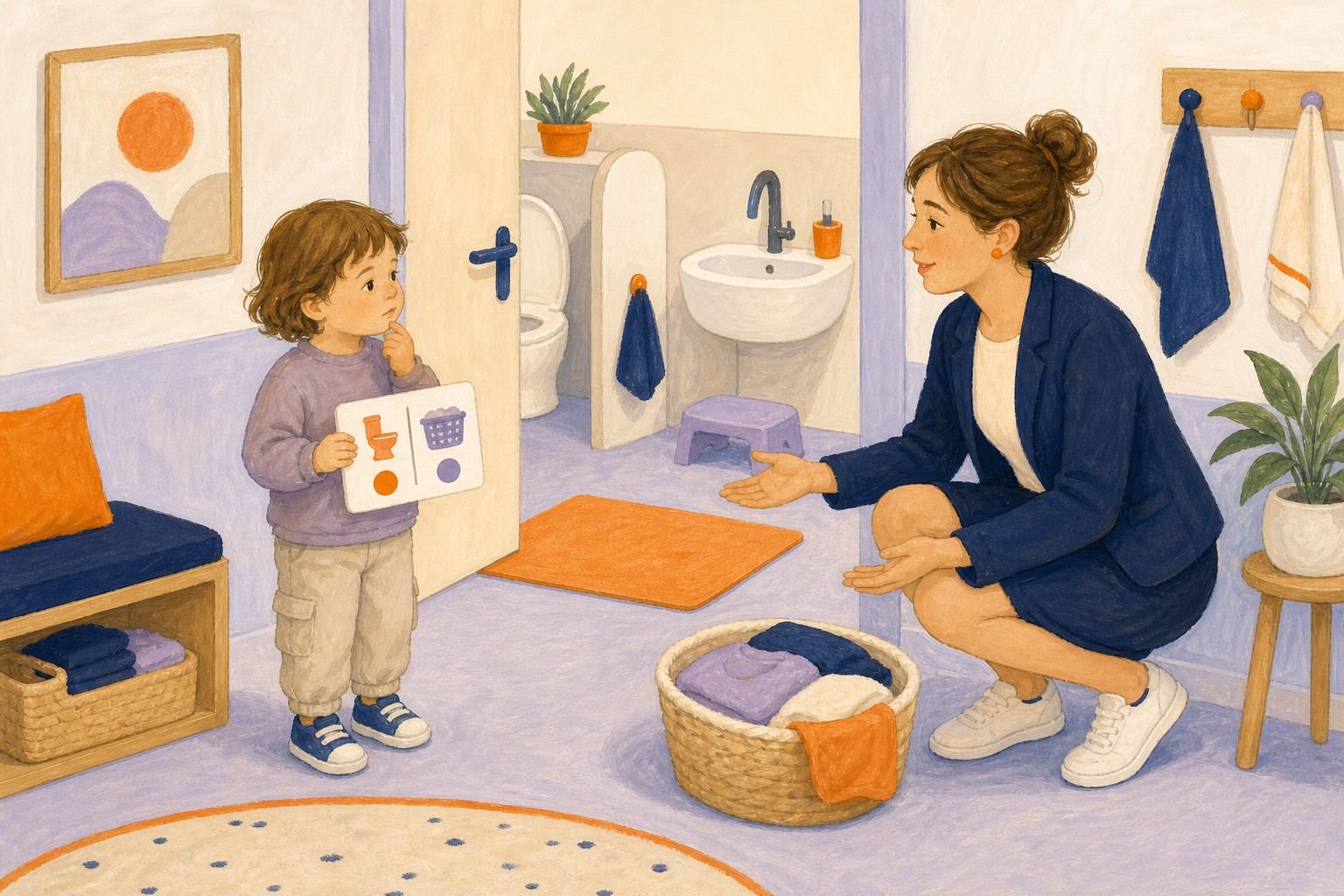 Une professionnelle accompagne à distance un enfant près d'un espace sanitaire aménagé.