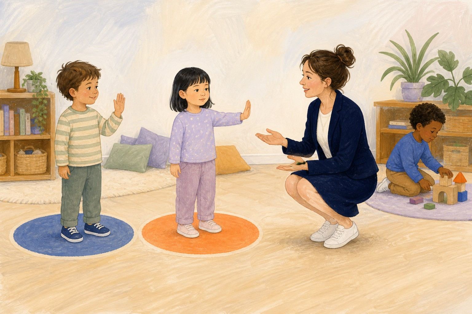 Une professionnelle accompagne un échange entre deux enfants avec des gestes de limite ouverts.