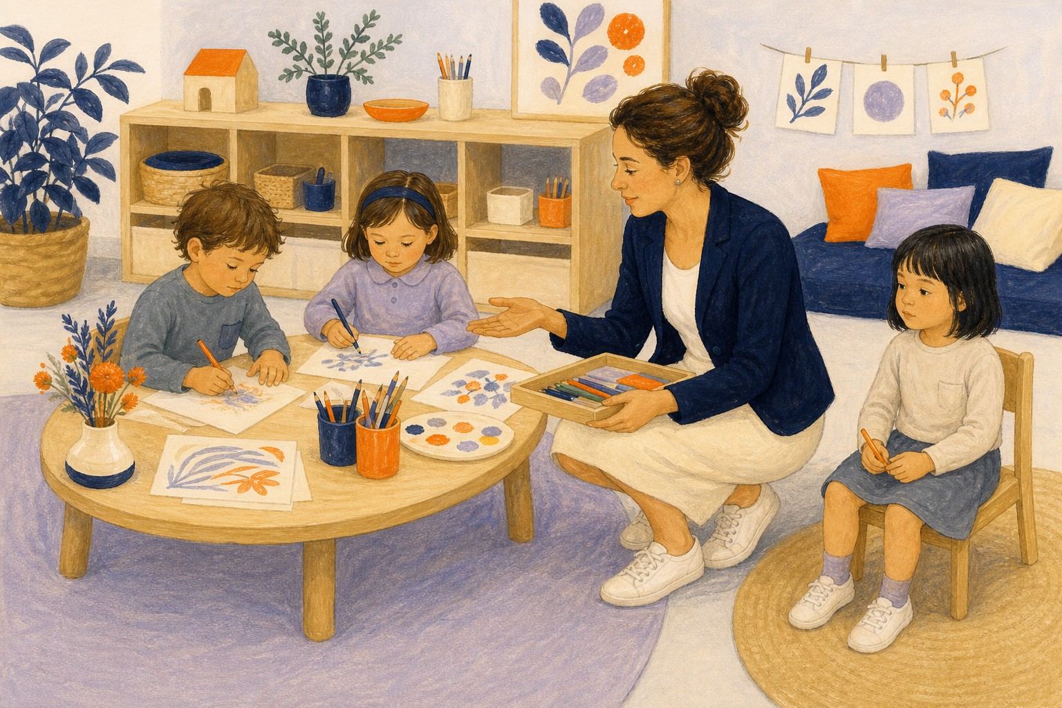 Des enfants dessinent et manipulent calmement pendant qu'une professionnelle observe leur participation.
