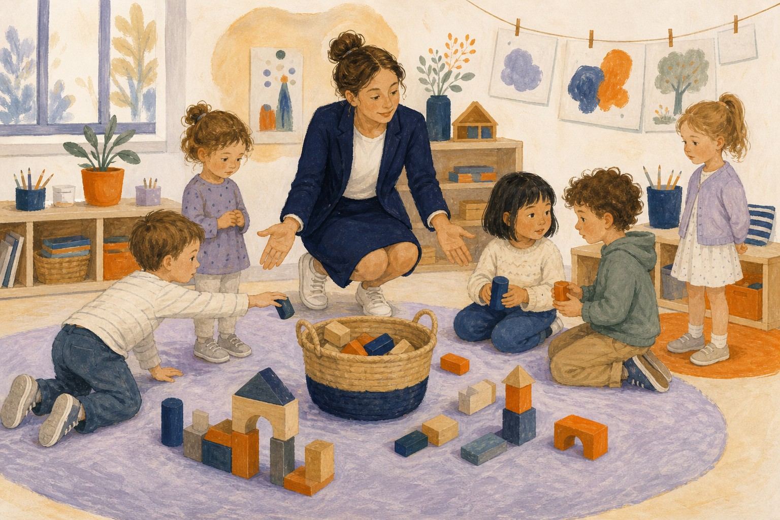 Des enfants jouent en groupe autour de blocs sous le regard d'une professionnelle.