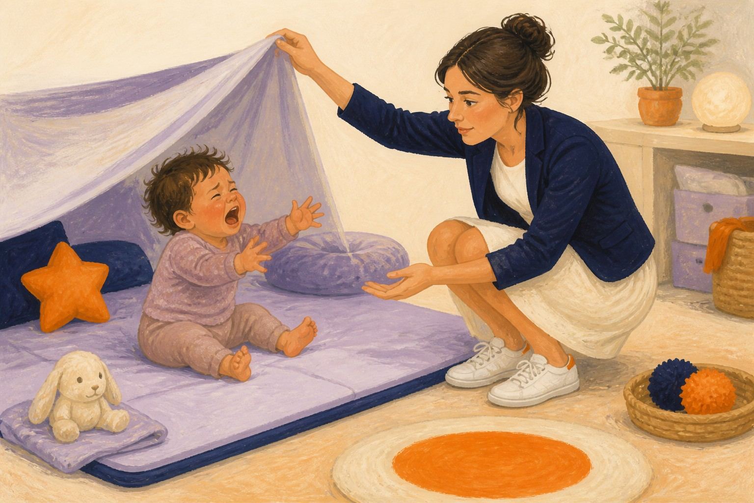 Une professionnelle prépare un espace apaisant auprès d'un bébé qui exprime un besoin intense.