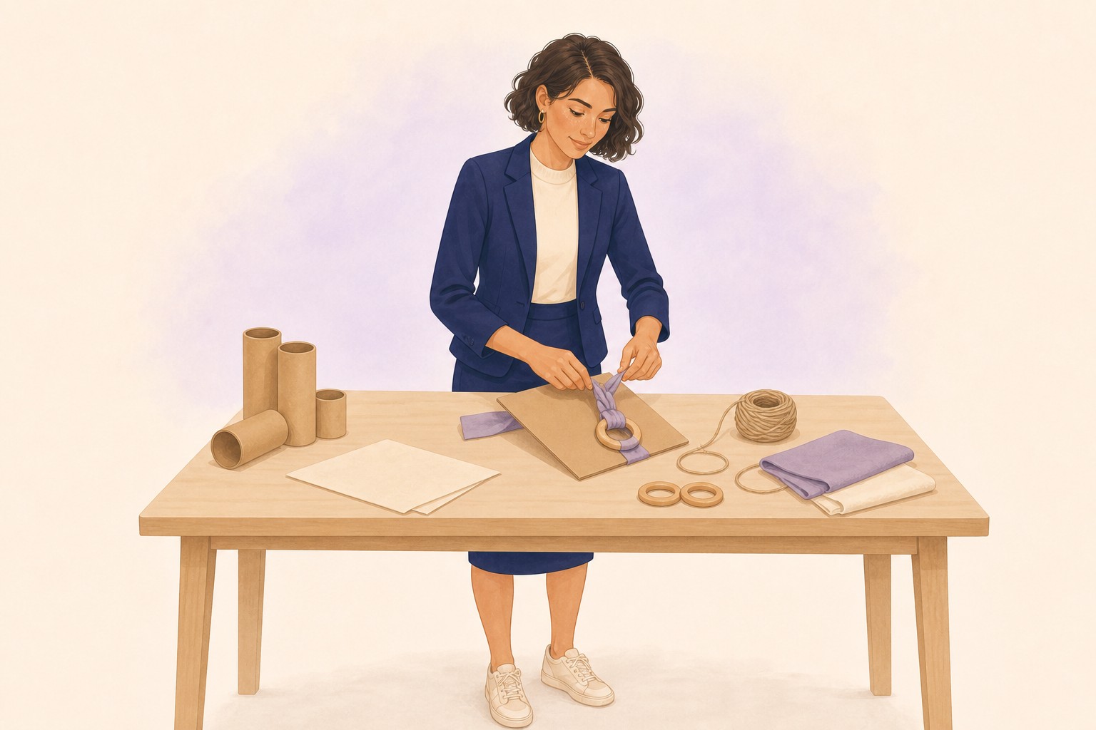 Une professionnelle assemble un support d'éveil avec du tissu, des anneaux de bois et du carton.