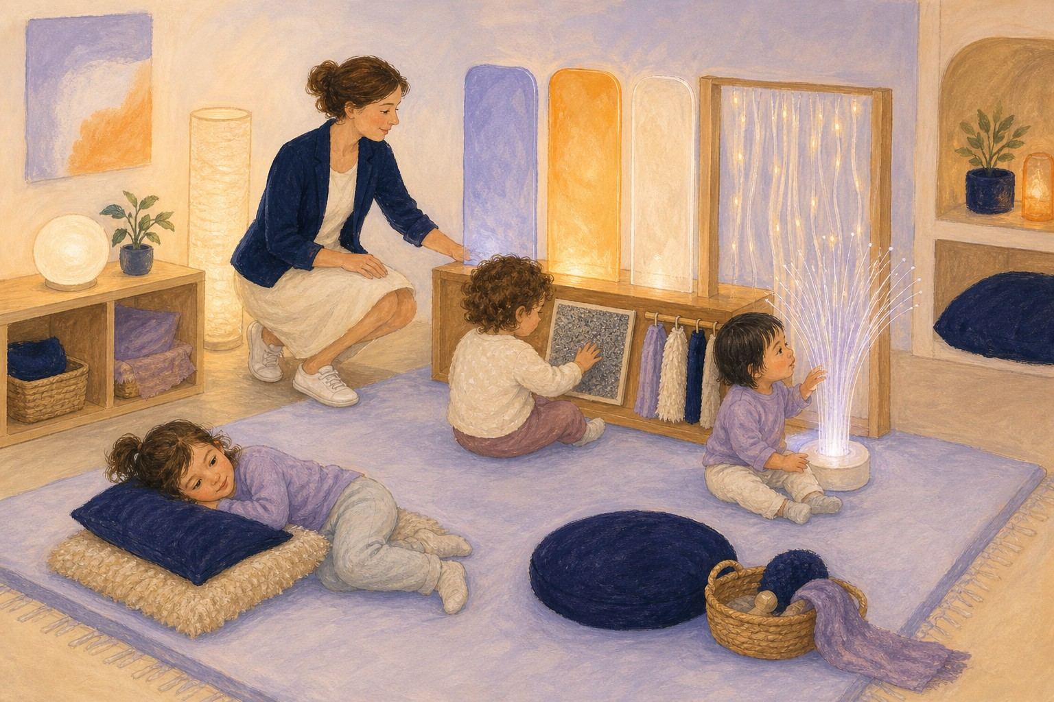 Des enfants découvrent un espace sensoriel doux accompagné à distance par une professionnelle.