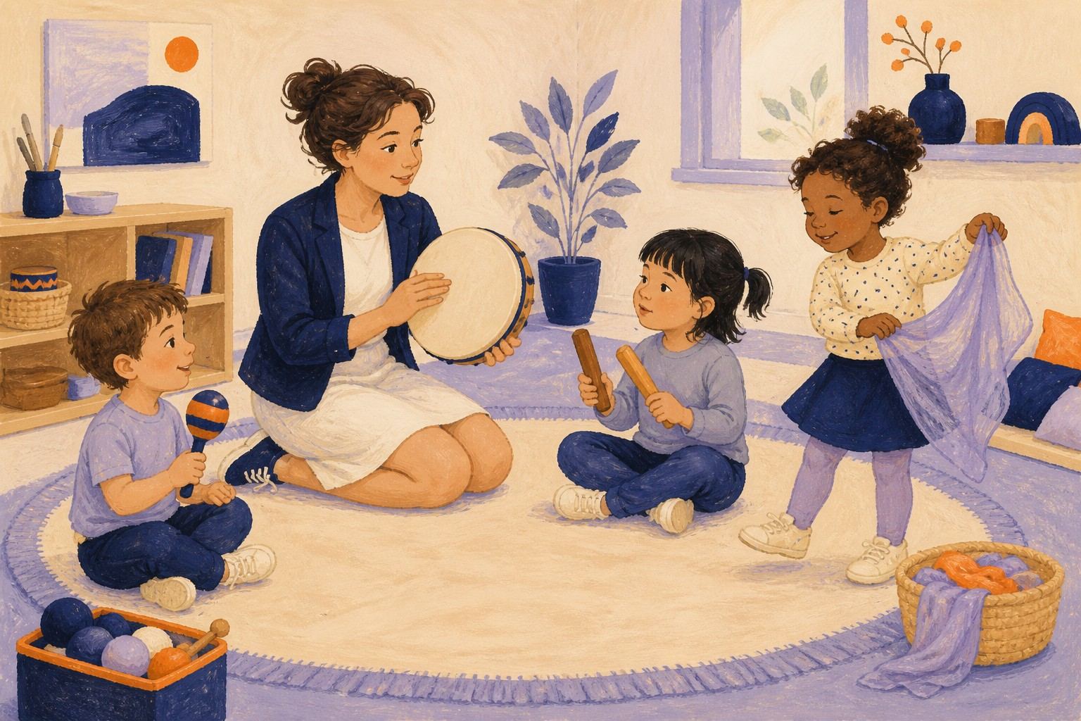 Trois enfants explorent des instruments et des rythmes avec une professionnelle.
