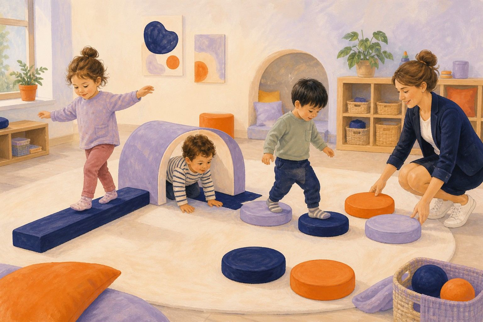 Des enfants explorent un parcours moteur bas accompagné par une professionnelle.
