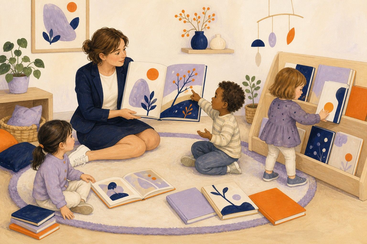 Des enfants explorent des albums illustrés sans texte avec une professionnelle disponible.