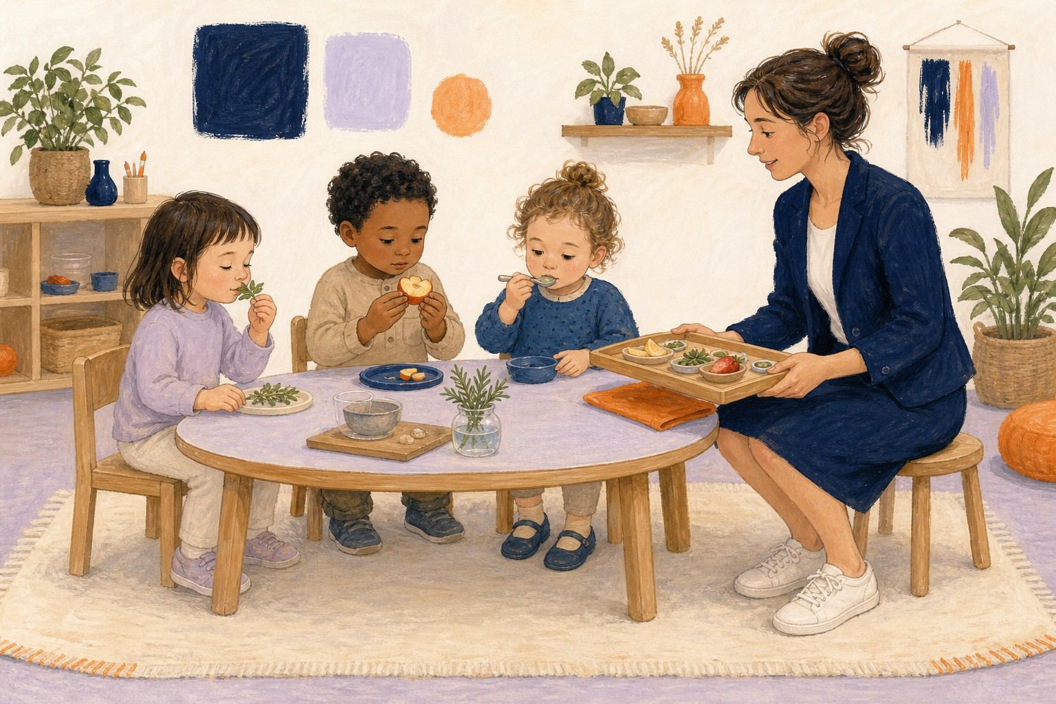 Des enfants explorent différents aliments autour d'une table avec une professionnelle.
