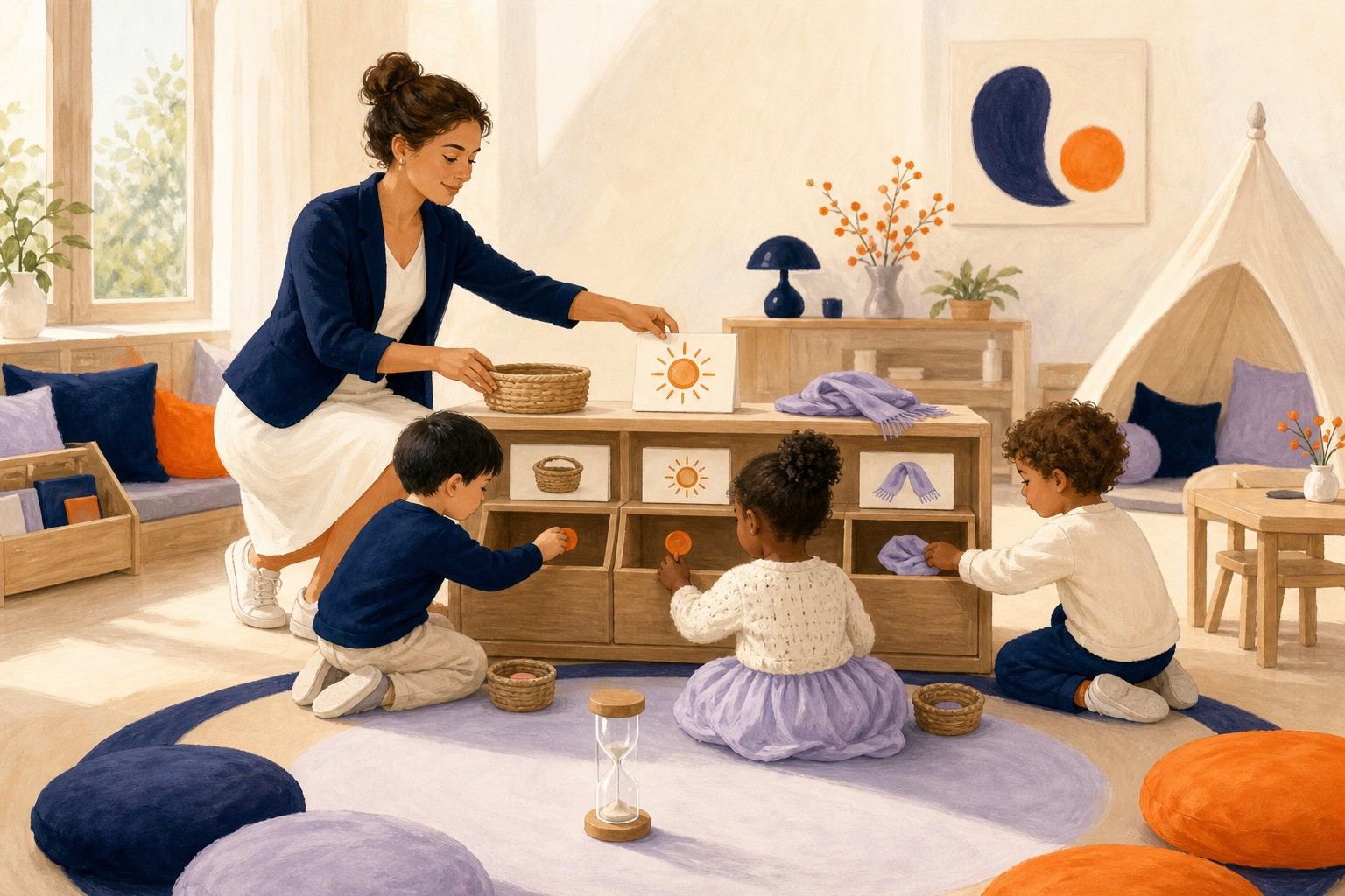 Des enfants participent à un rituel avec des objets repères et un sablier.