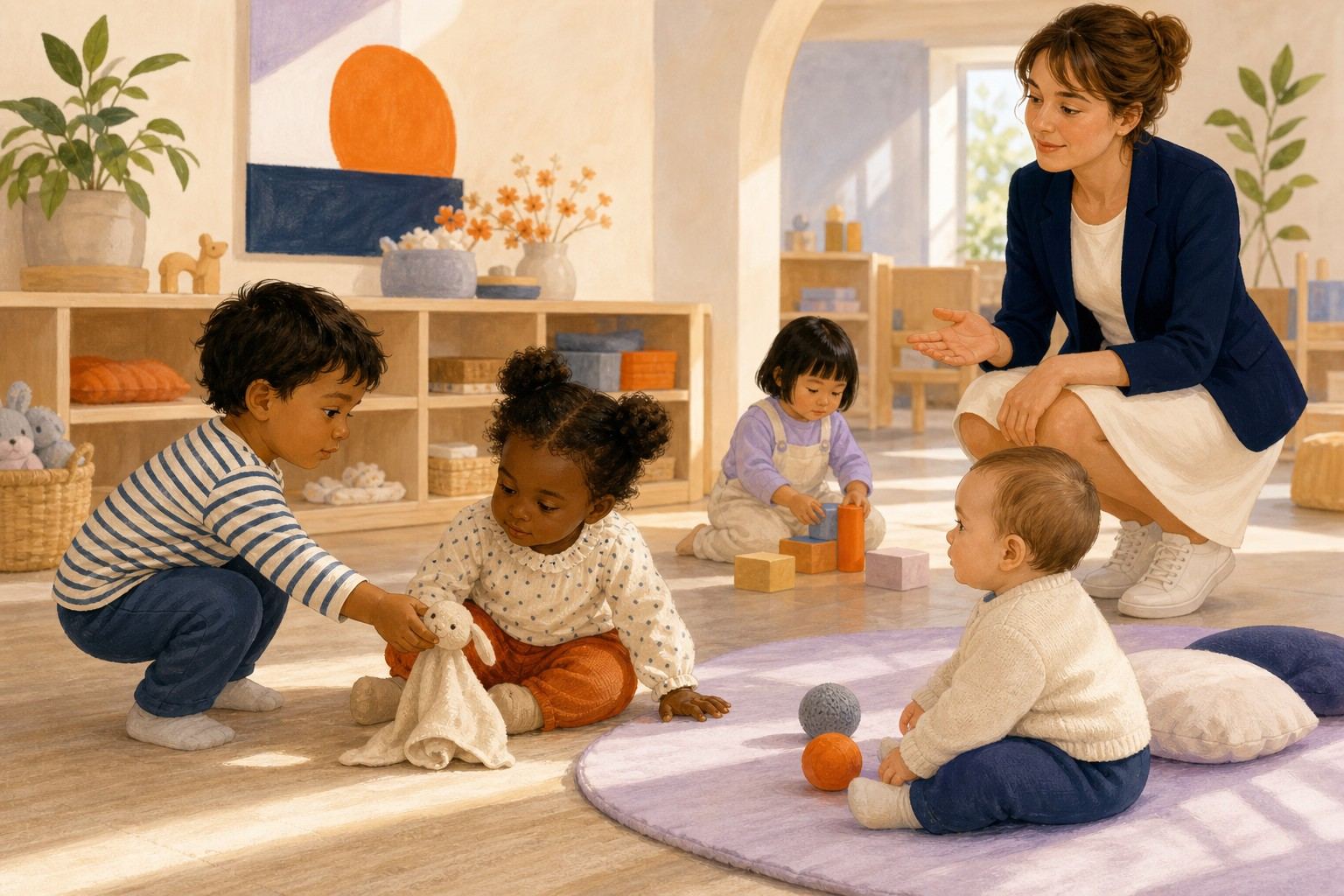 Un enfant rapproche un jouet d'un autre enfant sous le regard attentif d'une professionnelle.