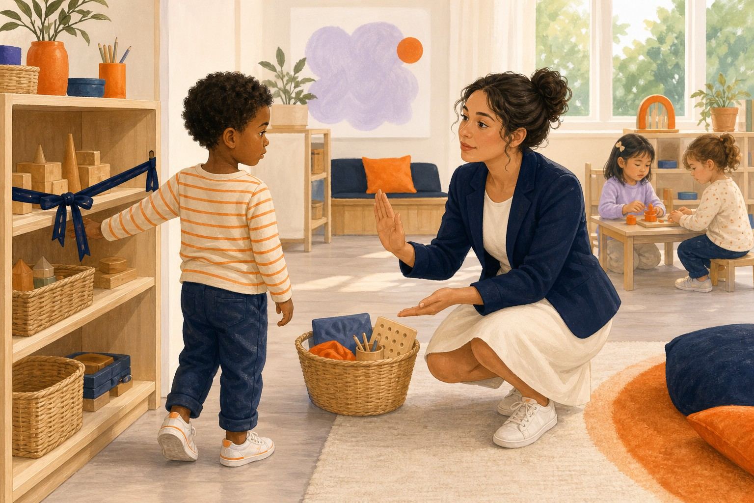 Une professionnelle indique calmement une limite et propose une autre activité à un enfant.