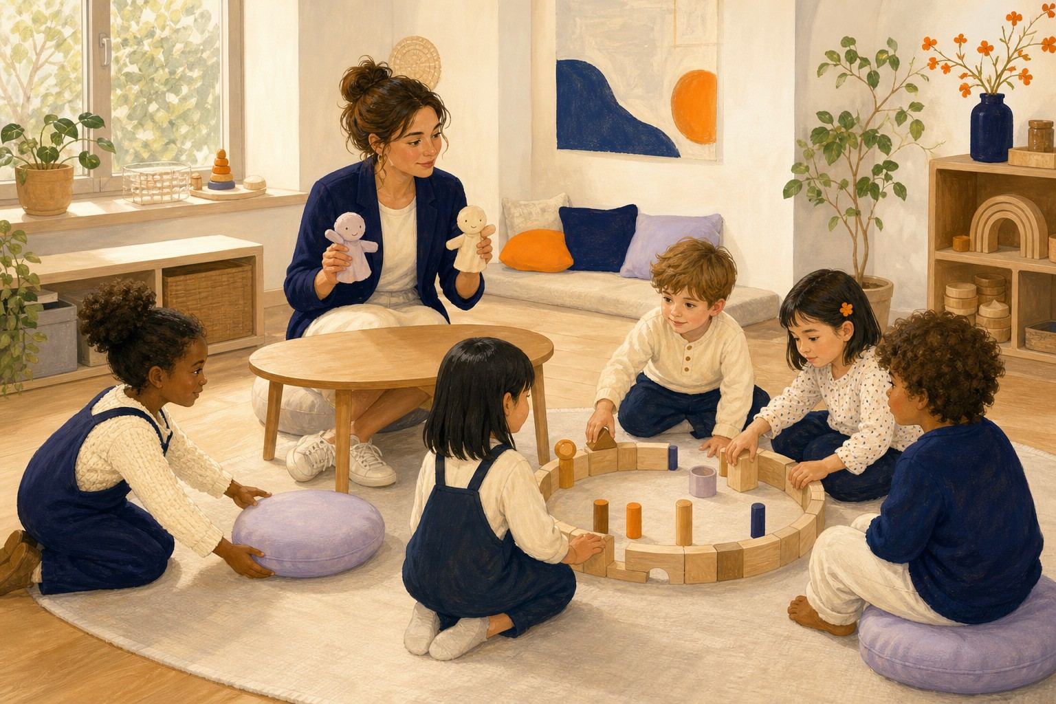 Des enfants coopèrent autour d'une construction pendant qu'une professionnelle anime une prévention par marionnettes.