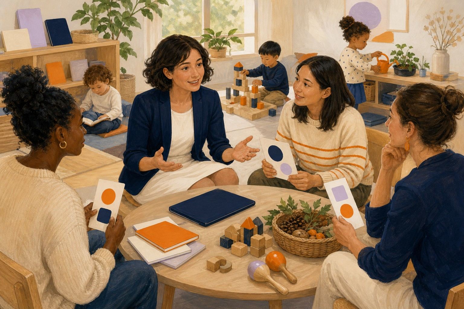 Une équipe échange autour de livres, jeux et objets naturels à côté d'une tablette fermée.