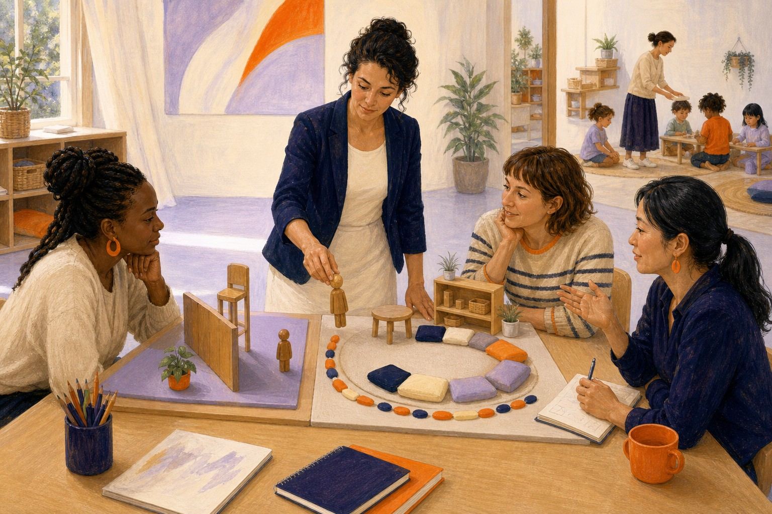 Des professionnelles comparent deux aménagements pour réfléchir à une autorité claire et respectueuse.