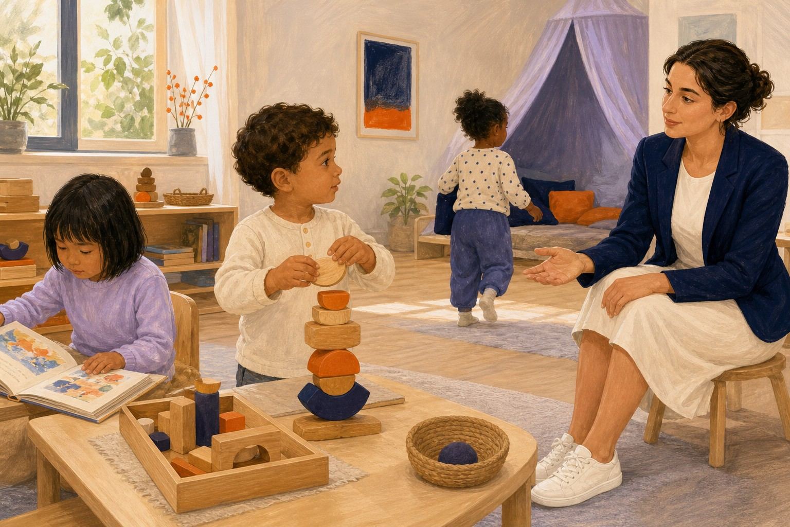 Une professionnelle répond par un geste ouvert au regard d'un enfant qui construit.