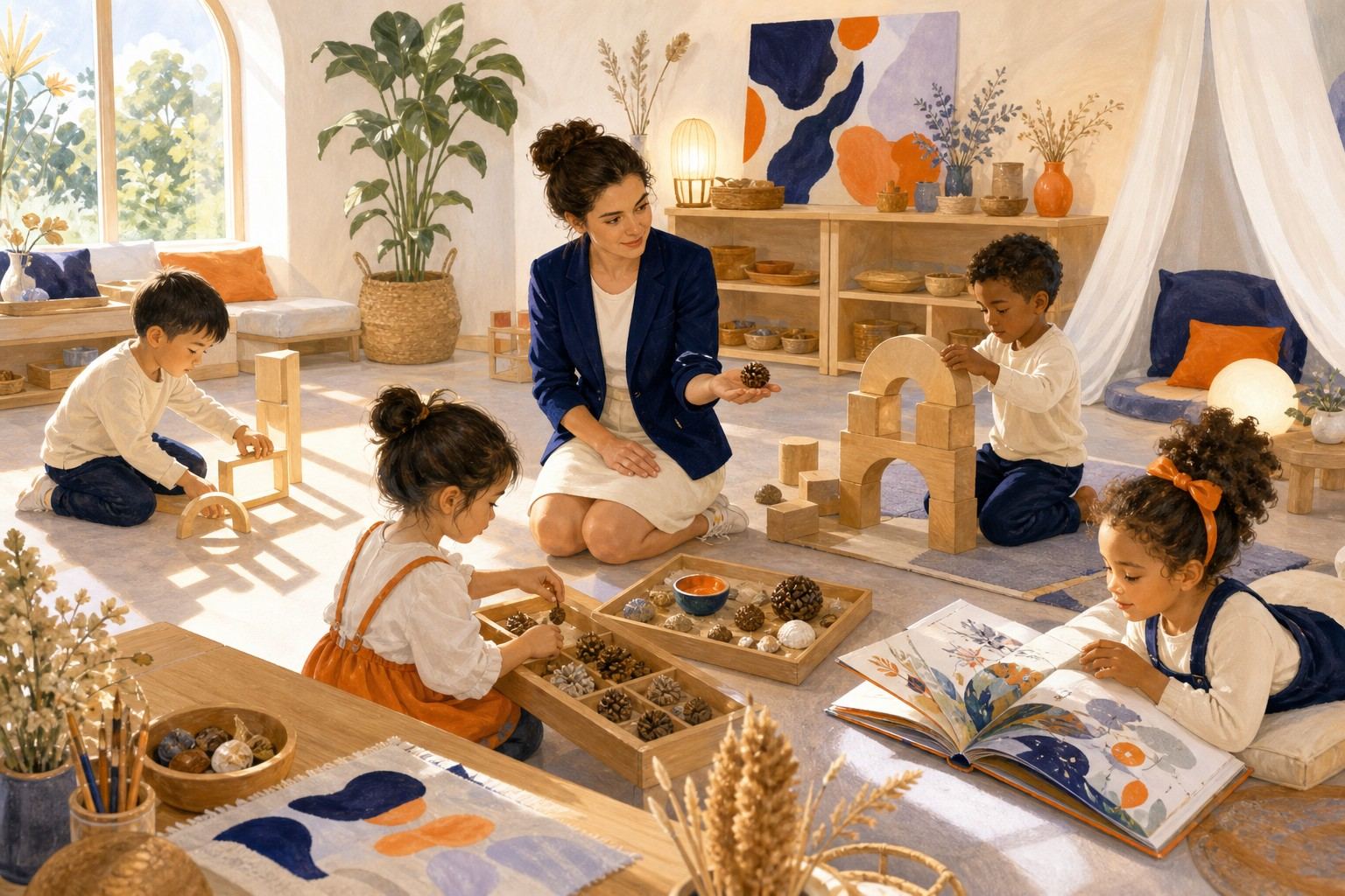 Des enfants explorent librement plusieurs activités sous le regard d'une professionnelle.