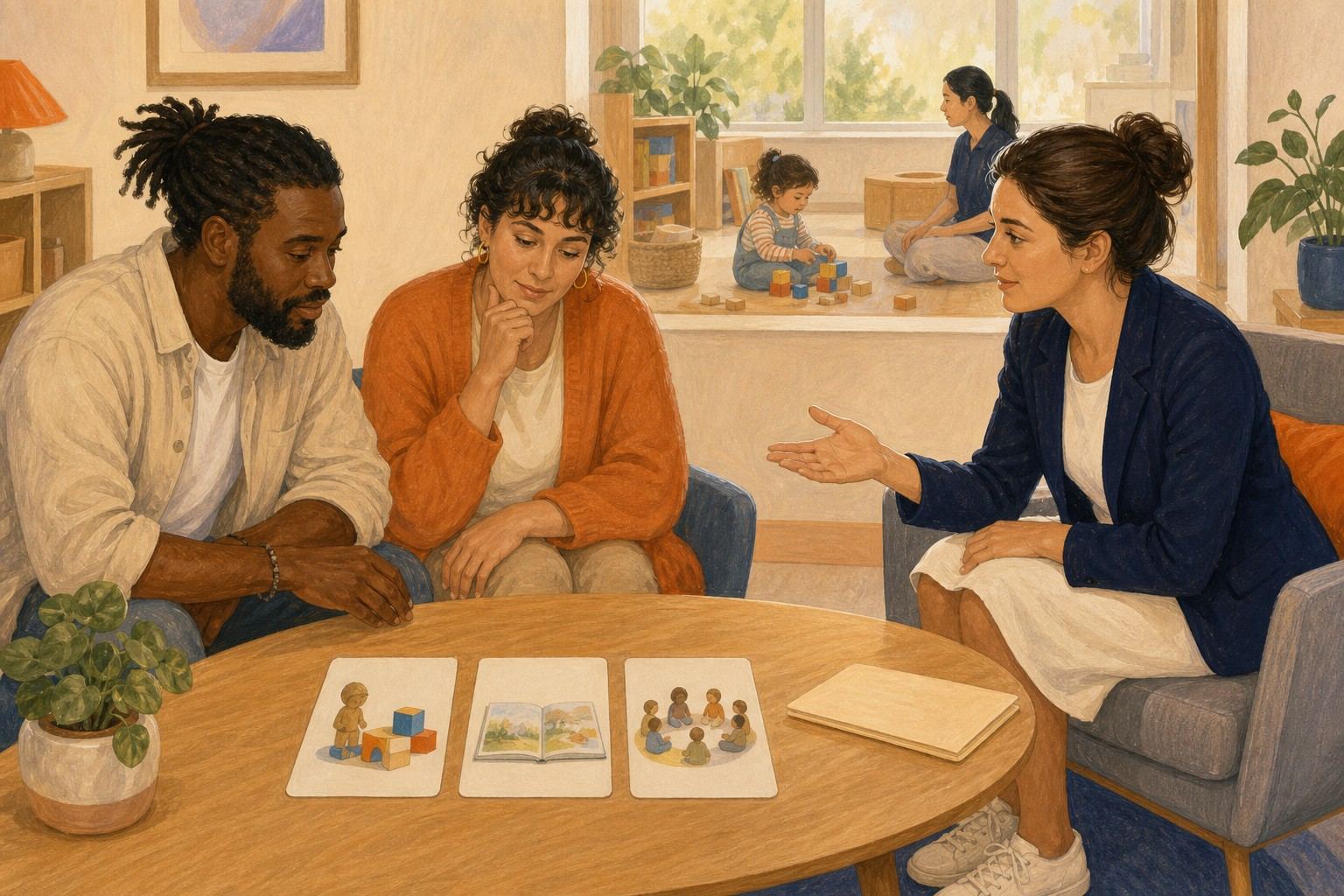Deux parents regardent des cartes d'observation pendant qu'une professionnelle les écoute.