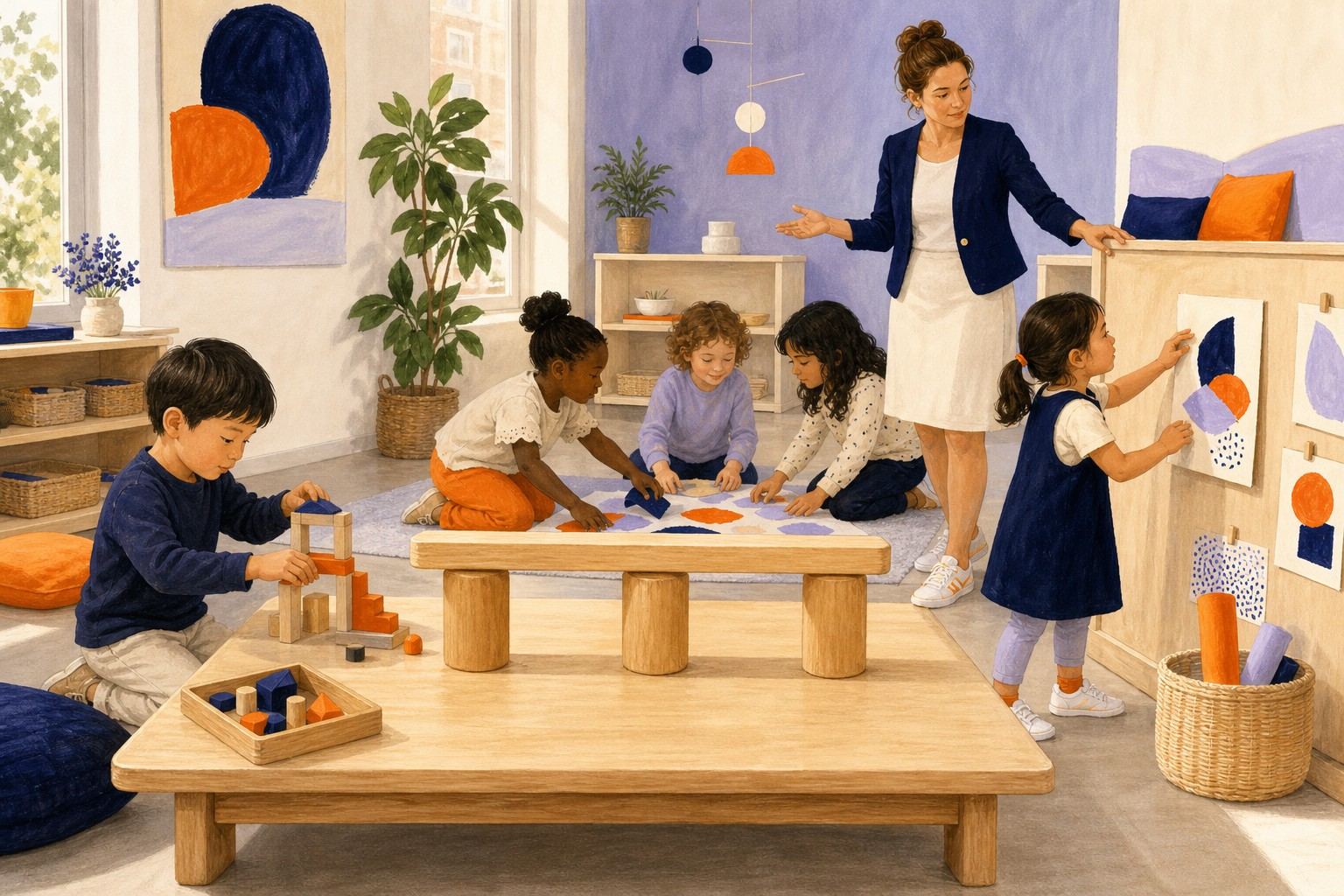 Trois piliers en bois relient des activités d'autonomie, de coopération et d'expression des enfants.