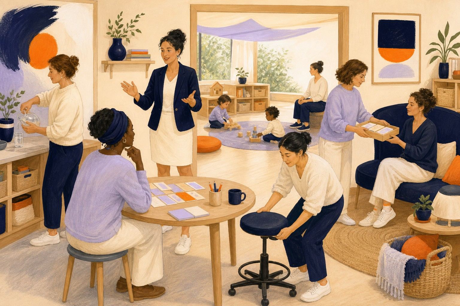 Des professionnelles organisent des relais et des temps de récupération dans une crèche.