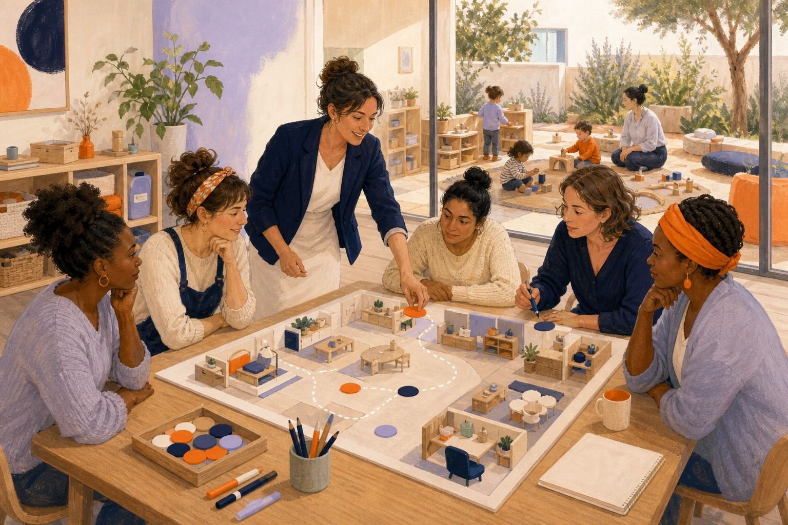 Des professionnelles réfléchissent à l'aménagement d'une crèche autour d'une maquette.