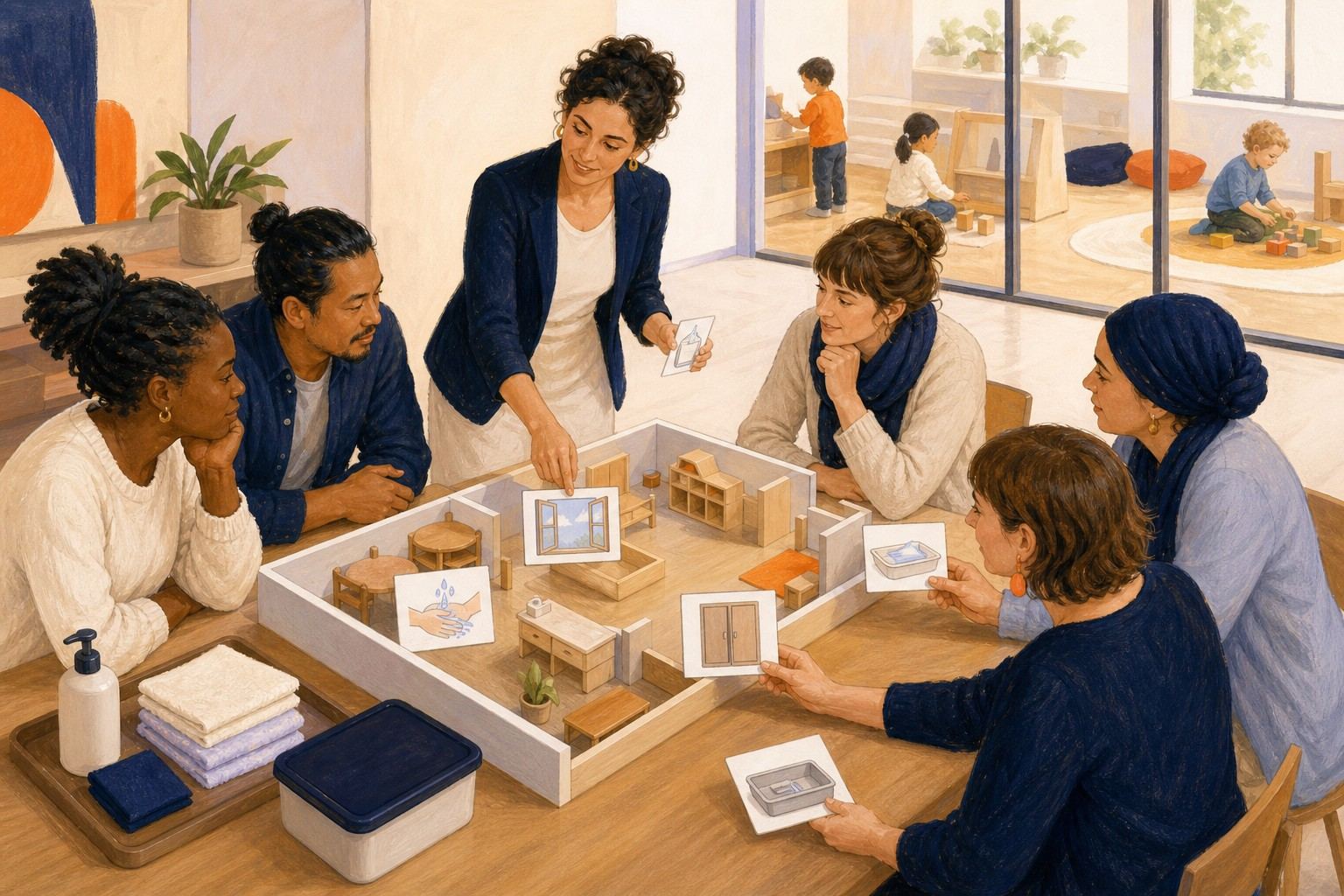 Des professionnelles organisent des pratiques d'hygiène et de prévention autour d'une maquette.