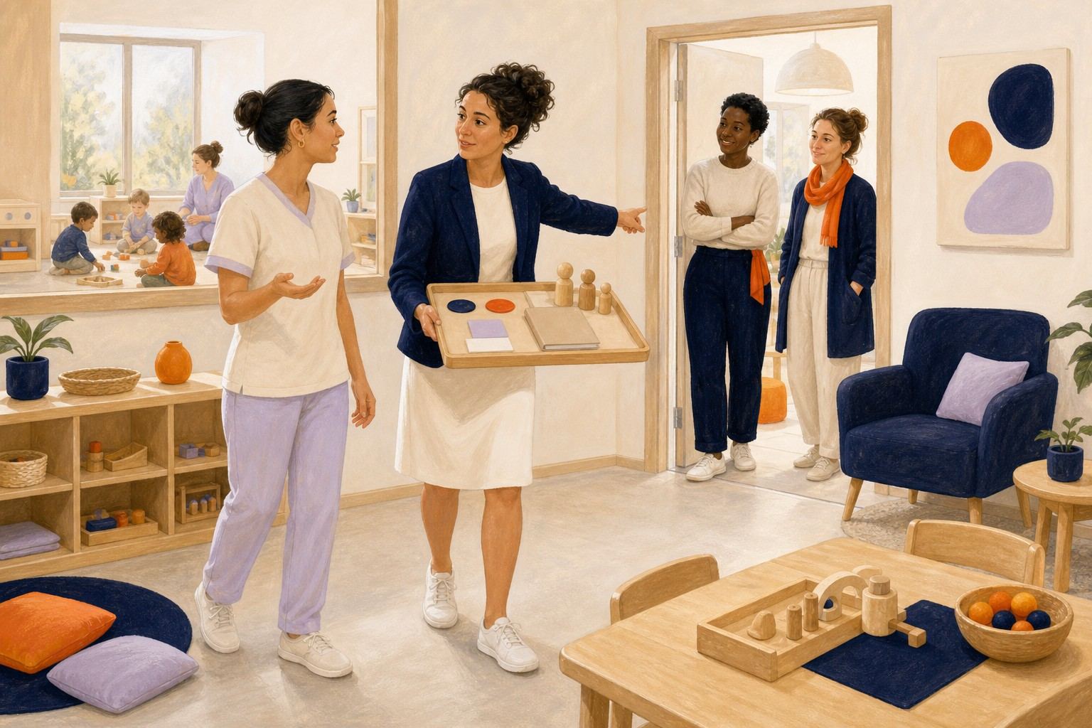 Une tutrice présente les espaces et les rôles à une stagiaire accueillie par l'équipe.