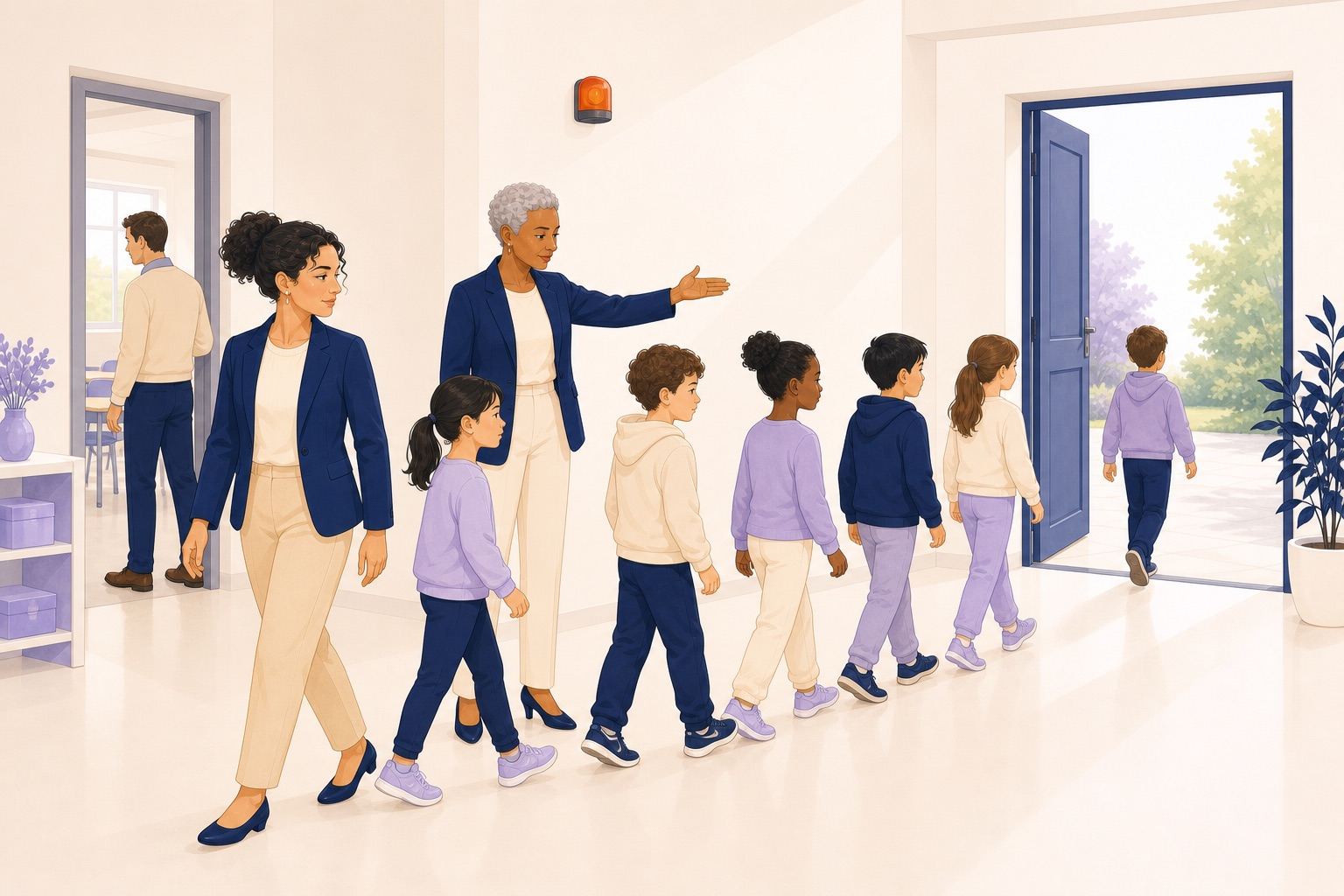 Un groupe d'enfants suit calmement un parcours d'évacuation vers une porte ouverte sous la conduite des professionnels.