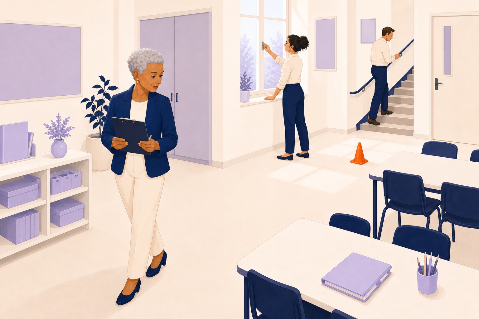 Trois professionnels inspectent séparément la circulation, une fenêtre et une rampe dans une salle rangée.