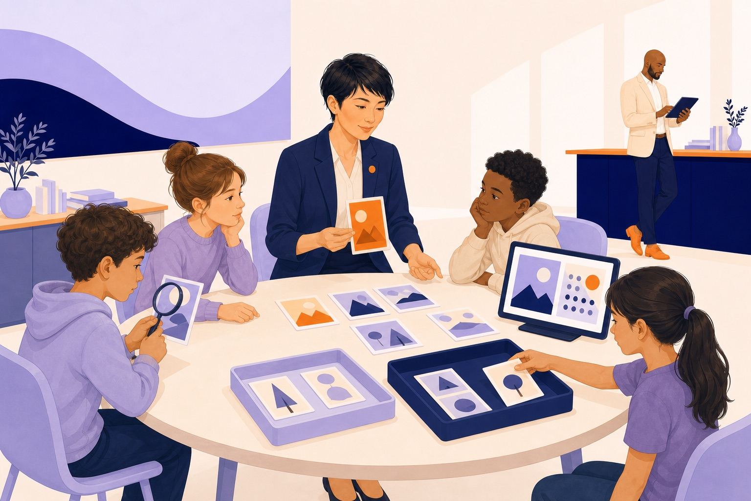 Des enfants comparent des images stylisées, observent un détail à la loupe et classent leurs cartes.
