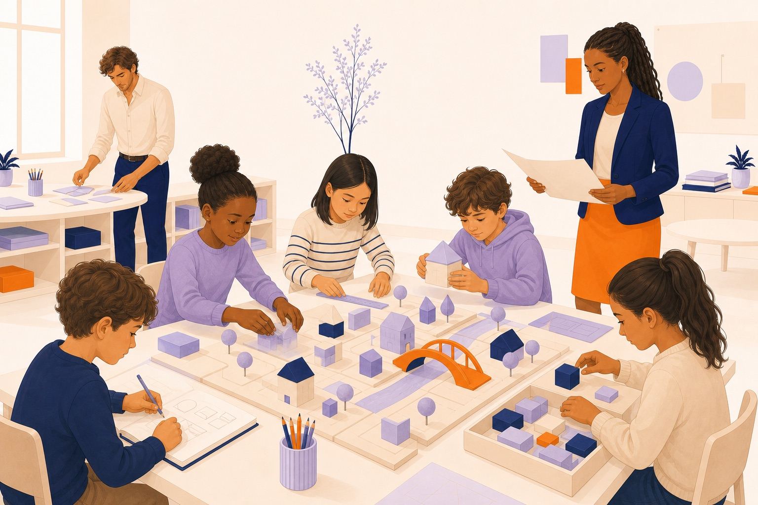 Un groupe construit une maquette de quartier pendant que chaque enfant assume une tâche différente.