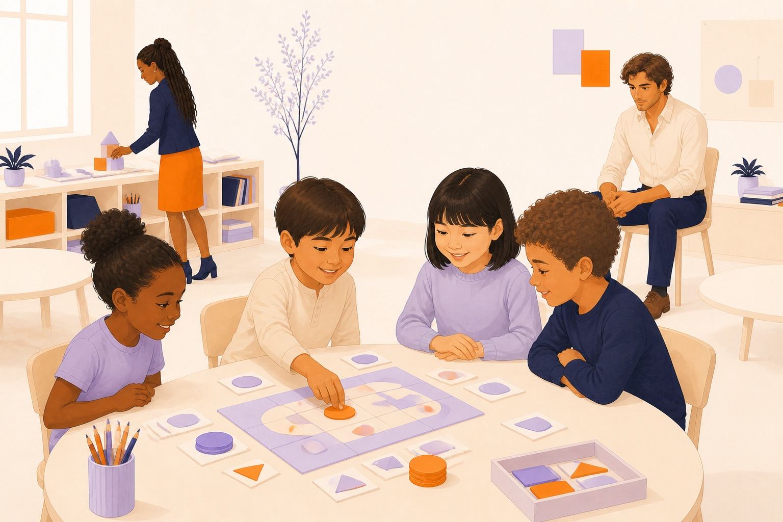 Quatre enfants avancent ensemble dans un jeu de formes et de parcours sous le regard d'un professionnel.