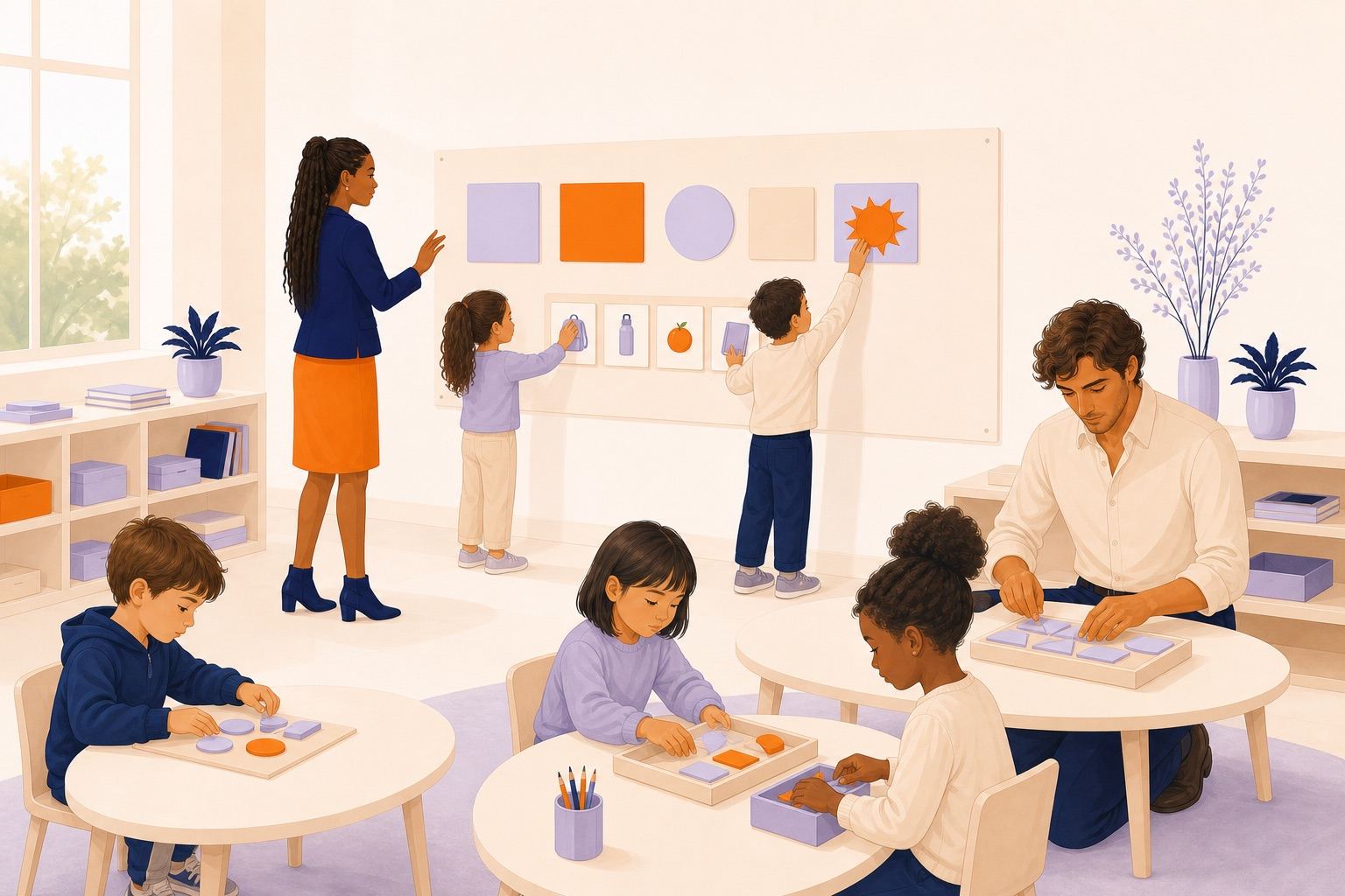 Des enfants installent des cartes de routine avant de commencer leurs activités autonomes.
