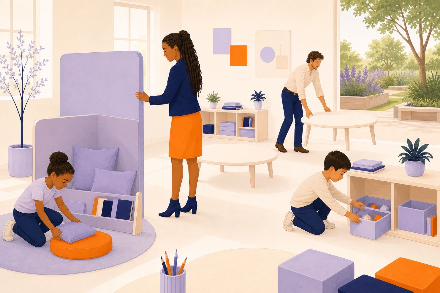 Adultes et enfants réorganisent séparément un coin calme, les tables et les rangements pour libérer la circulation.
