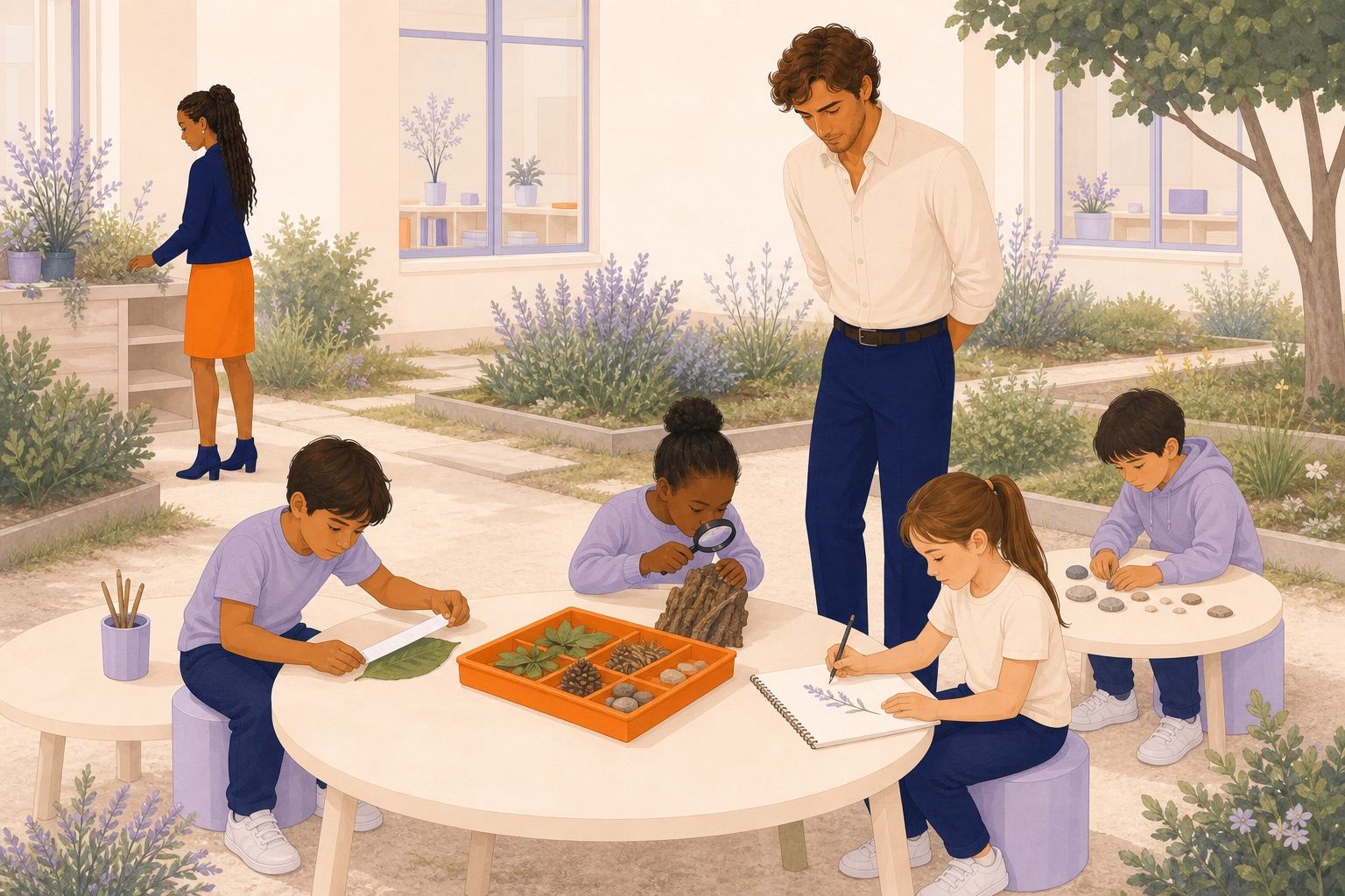 Dans le jardin scolaire, les enfants mesurent une feuille, observent une écorce, trient des pierres et dessinent une plante.