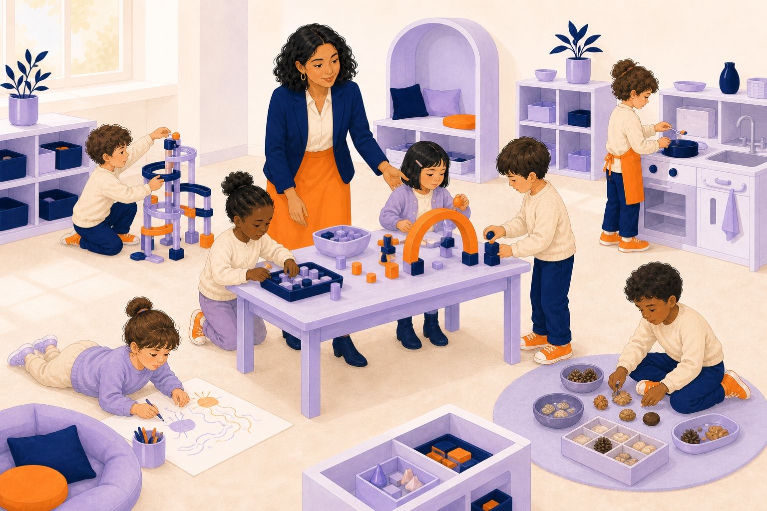 Les enfants choisissent entre construction, dessin, tri et jeu symbolique autour d'une enseignante disponible.