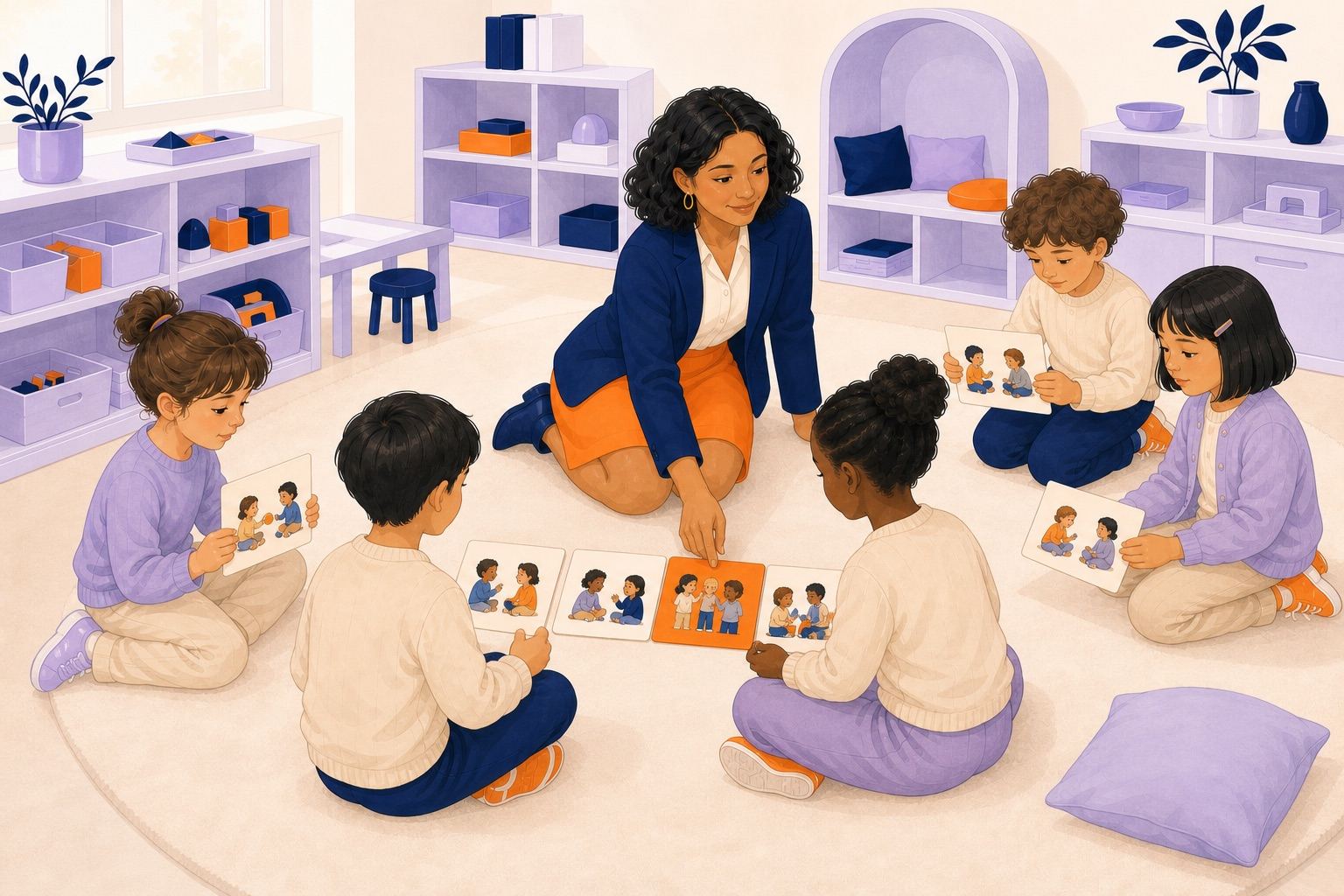 Un cercle d'enfants assemble des cartes illustrant l'écoute, l'entraide et l'invitation au jeu.
