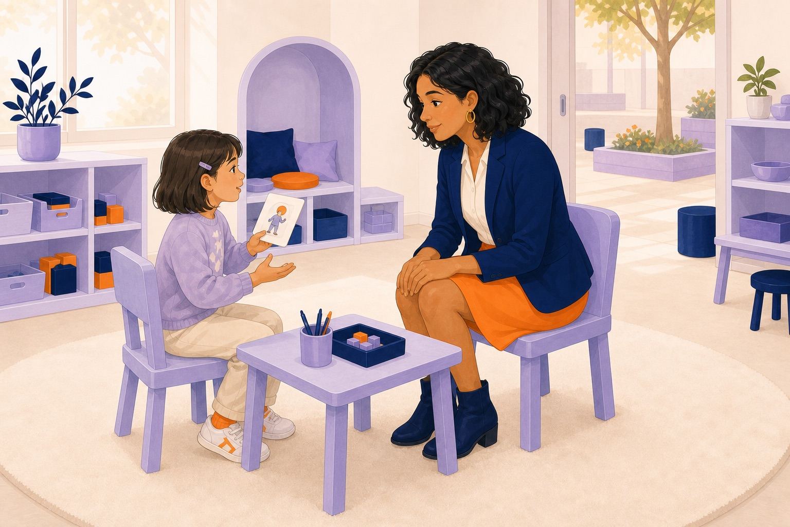 Une enfant explique une carte illustrée à une enseignante pleinement attentive, assise sur une chaise séparée.