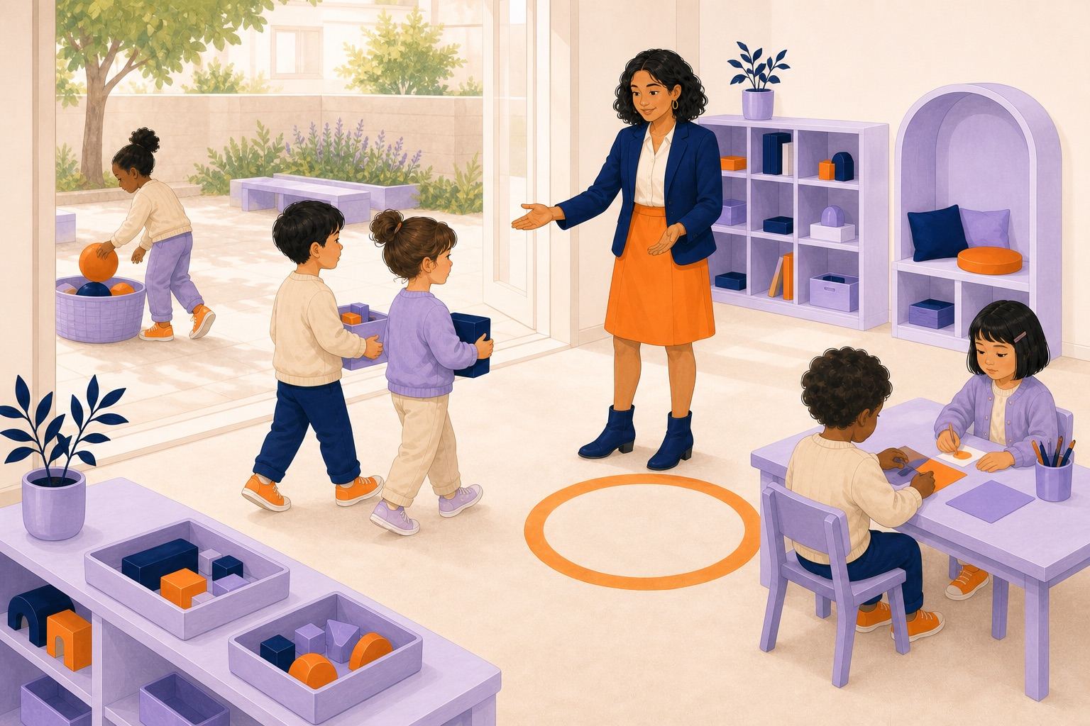 Les enfants rangent le matériel extérieur, entrent avec leurs affaires et rejoignent une activité déjà installée.