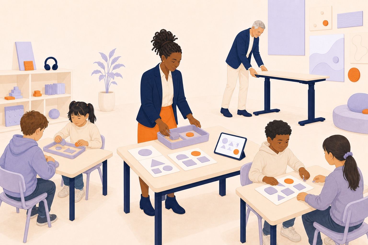 Une même notion est proposée en manipulation, en cartes et sur tablette à plusieurs petits groupes.