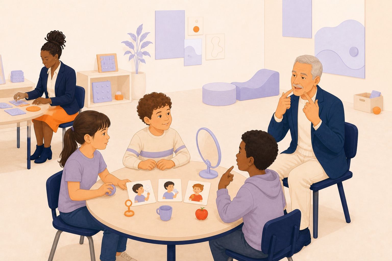 Un professionnel montre un mouvement de bouche pendant que les enfants utilisent miroir, images et petits objets.