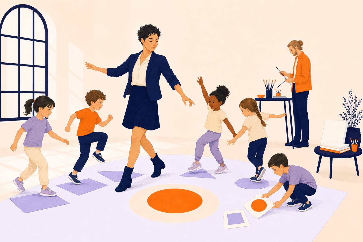 Les enfants suivent un parcours de formes par des pas, des équilibres, des rotations et des associations de cartes.