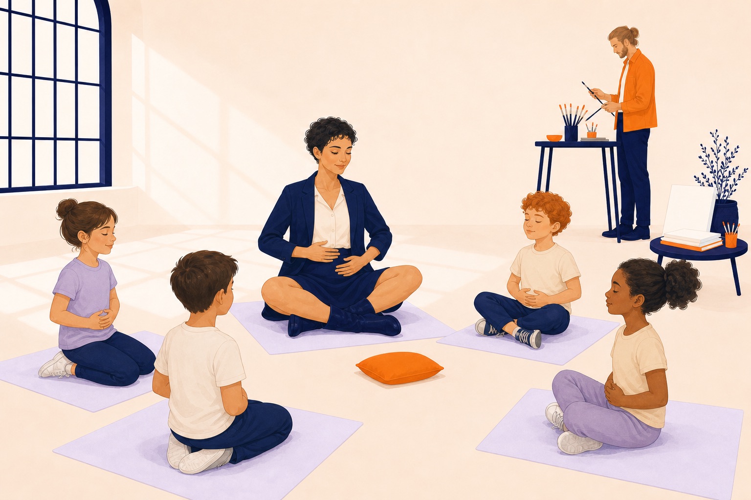 Une professionnelle et quatre enfants respirent tranquillement sur des tapis espacés dans une salle lumineuse.