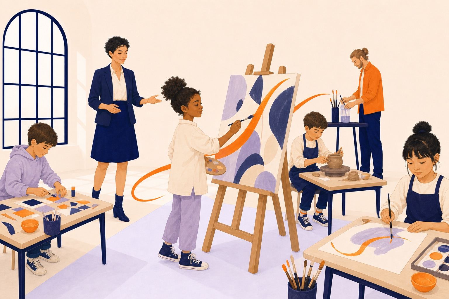 Une enfant peint une grande composition abstraite pendant que ses pairs explorent collage, argile et peinture.